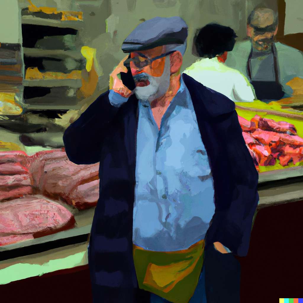 ein älterer Mann steht in einem Metzgerladen mit ein Handy in seiner Hand im Stil von van Gough