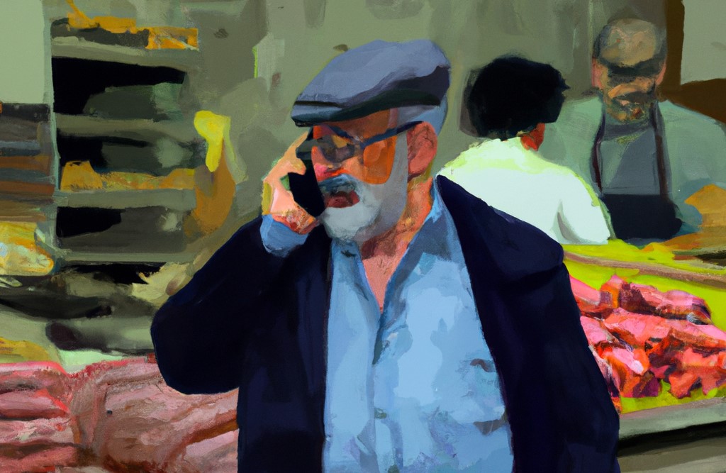 ein älterer Mann steht in einem Metzgerladen mit ein Handy in seiner Hand im Stil von van Gough