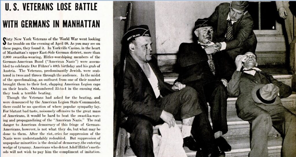 At the end of April 1938, Hitler's supporters organised a celebration in Manhattan to mark the 49th anniversary of the Führer and the Anschluss of Austria. During the event, they severely beat American veterans of the First World War who were protesting against the aggressive actions of the Third Reich. The rally was organised by the German-American Union, which advocated ‘patriotic Americanisation’ and called President Roosevelt Waltzman Rosenfeld. Scan from LIFE magazine, 2 May 1938.